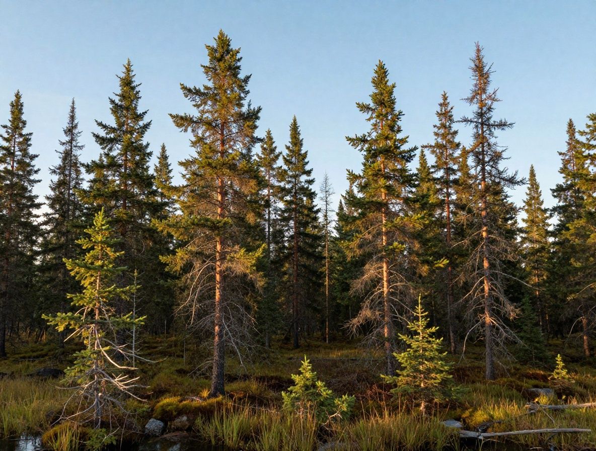 Rauhallinen luontomaisema Suomessa aamunvalossa – vaaleita koivuja ja hiljainen järvi hämärässä metsässä, jolle kajastaa pehmeä aamuvalo